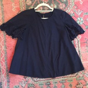 Navy Lasercut Flutter Sleeve Tent Top Blouse Jcrew
